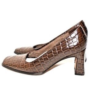 Nickels Brown Leather Faux Alligator Skin Heels Shoes Women's Sz 8 US